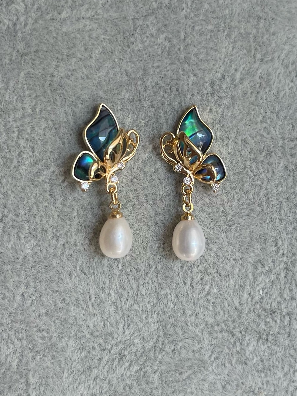 Freshwater Pearl Drop Earrings with Abalone Shell Butterfly -925 silver posts
